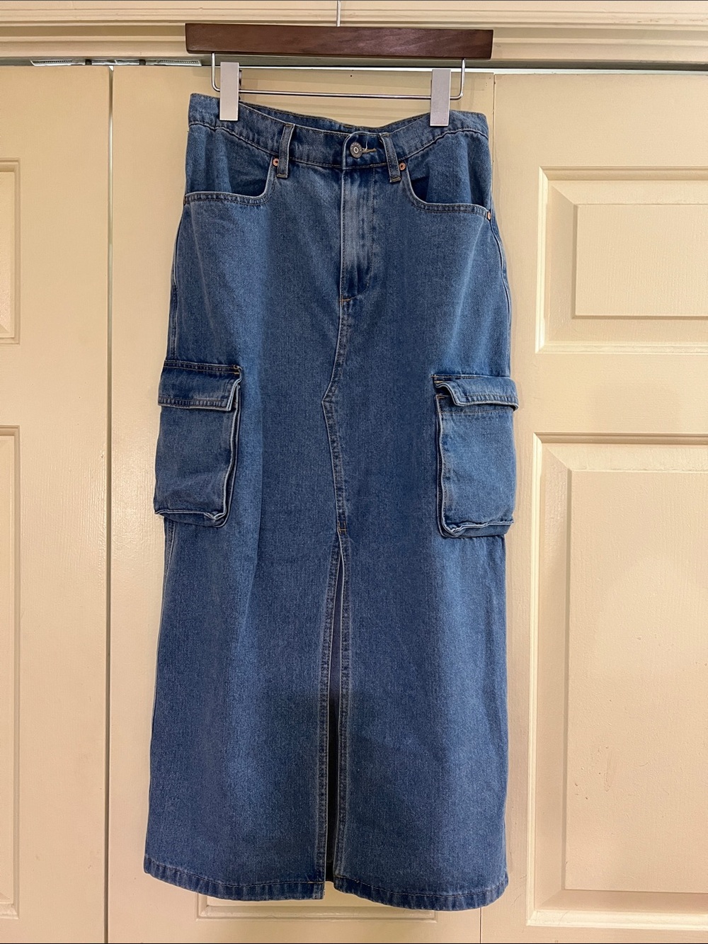 Sincerely Jules Cargo Maxi Denim Skirt Soft Pre-Washed Front Slit